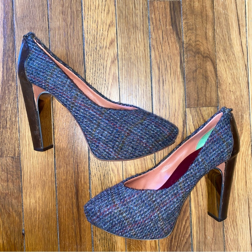 Rare Vintage Guillaume Hinfray Italy Wool Tweed Leather Platform Pumps Heels 41